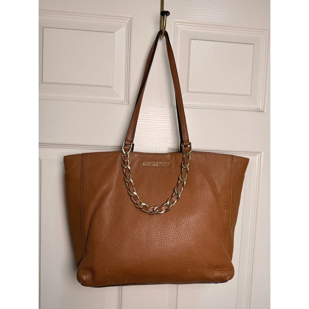 Michael Kors Acorn Pebbled Leather Chain Tote Bag Gold Hardware Tan Large